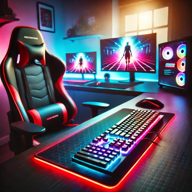 DALL·E 2025-01-23 18.39.18 - A modern gaming desk setup with a backlit mechanical keyboard, a backlit mousepad, and a gaming mouse. The desk is clean and sleek with RGB lighting a