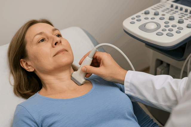 Процедура УЗД щитоподібної залози: лікар проводить ультразвукове обстеження шиї пацієнтки